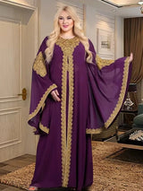 Luxuriöses 2-teiliges Partykleid aus Goldspitze mit Stickereien und Robe mit ausgestellten Ärmeln