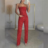Women’s Sexy Shiny Sequined 2-Piece Set – Strapless Bandeau Crop Top & High Waist Skinny Trousers