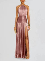 Damen Neckholder Abendkleid | Schickes einfarbiges plissiertes rückenfreies Kleid