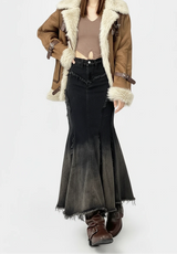 Damen Schwarzer Jeansrock mit Farbverlauf im Meerjungfrauen-Stil | Hochtaillierter Maxi-Jeansrock mit offener Kante