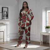 African 2-Piece Set for Women Gold Button Brooch Blazer and Ankle Pants