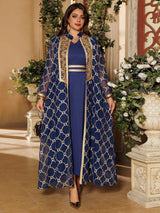 Muslim Women’s 2-Piece Abaya Set | Embroidered Open Cardigan with Inner Dress