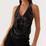 Damen Sexy Glitzer Pailletten Tank Top – Y2K Fashion Tiefer V-Ausschnitt Cut Out Crop Top