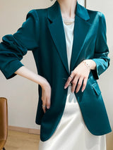 Koreanische Mode V-Ausschnitt Lockerer Top Blazer: Ein-Knopf-Anzugjacke aus Seidensatin