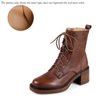 Damen Stiefeletten aus echtem Leder mit dickem Plateau-Absatz – Retro-Schnürstiefel mit runder Kappe