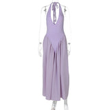 Women’s Sexy Backless Deep V-Neck Maxi Dress – Spliced Halter Sleeveless Dress