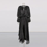 Women’s Elegant Spliced Fold Dress – Solid Loose Patchwork Midi, Round Neck Long Sleeve Lace-Up Dress