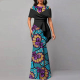 African High Waist Ankara Print Party Gown Women’s Off-the-Shoulder Maxi Dress