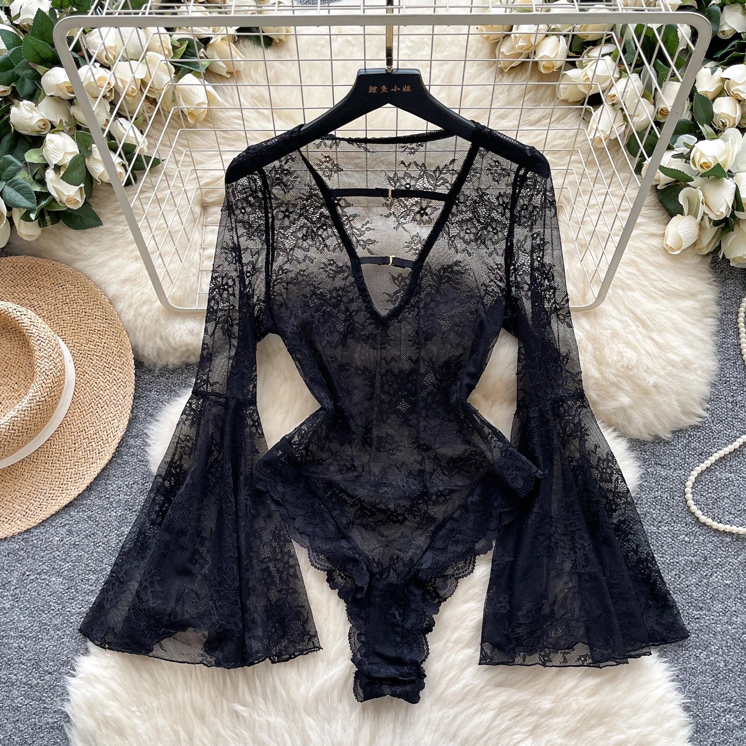 Sexy Deep V-Neck Lace Playsuit Long Flare Sleeve Hollow Out Open Crotch Bodysuit Romper