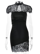 Women’s Sexy Strapless Sheer Lace Two-Piece Set – Turtleneck Hollow-Out Patchwork Dress