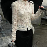 Luxuriöse Spitzenbluse mit Print – Vintage-Hemd für Damen, einreihig, schmal geschnitten, elegantes Langarm-Partytop