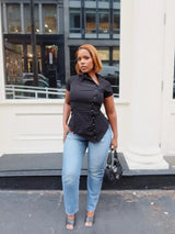 Women’s Vintage Black Cropped Blouse – Irregular Button Fashion Top, Slim Fit Short Sleeve Lapel Shirt