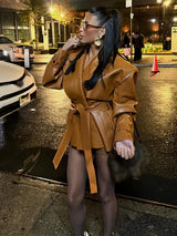 Women’s Vintage Leather Street Jacket with Belt – Oversized Loose Fit Lapel Moto Jacket