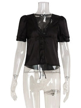 Spitzen-Sommer-V-Ausschnitt-T-Shirt – Damen-Schnür-Hollow-Out-Cropped-Top