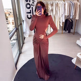 Sexy rückenfreies Rollkragen-Maxikleid – Damen Abendkleid Langarm Party