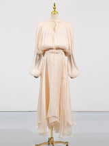 Women’s Elegant Spliced Fold Dress – Solid Loose Patchwork Midi, Round Neck Long Sleeve Lace-Up Dress