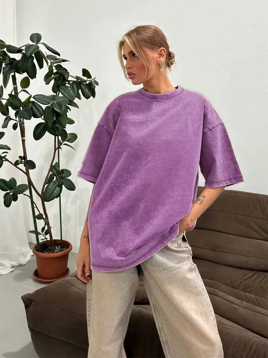 Vintage Washed Cotton T-Shirt - Women's Oversized Solid Color Tee