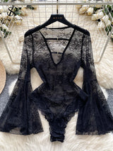 Sexy Deep V-Neck Lace Playsuit Long Flare Sleeve Hollow Out Open Crotch Bodysuit Romper