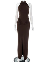 Ärmelloses Neckholder-Maxikleid für Damen mit Raffungen – Sexy figurbetontes langes Kleid mit seitlichem Schlitz