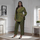 African 2-Piece Set for Women Gold Button Brooch Blazer and Ankle Pants