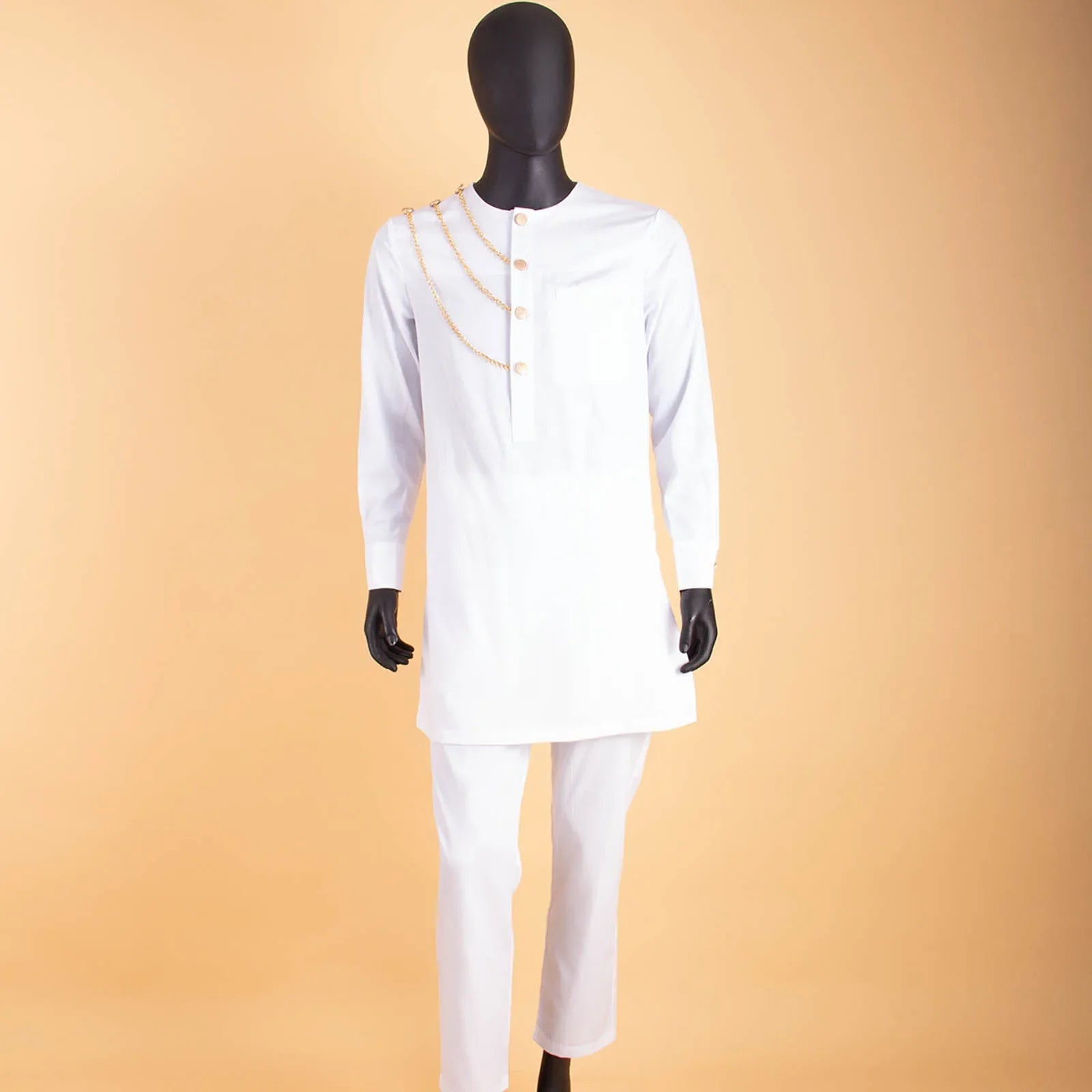 African Single Breasted Shirt with Chain Detail and Pants Men’s 2-Piece Bazin Riche Set