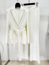 Designer Contrast Stitching Suit Set | Women’s Belted Blazer & Tailored Pants
