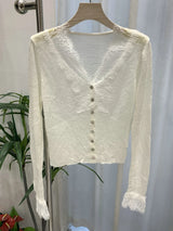 Women’s Elegant Lace Patchwork Cardigan – Chic V-Neck Slim Knit Sweater