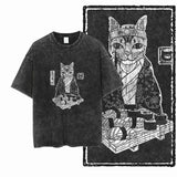 Säuregewaschenes Katzen-Grafik-T-Shirt | Unisex Exklusives Streetwear T-Shirt