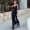 Damen sexy Spitzenkleid lang – Ärmelloses, rückenfreies Abendkleid mit Schlitz