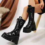 Women’s Solid Black Platform Wedge Mid-Calf Boots