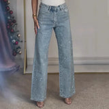 Damen-Jeans mit geradem Bein und Diamantbesatz – High-Waist-Stretch-Mom-Jeans, Vintage-Waschung
