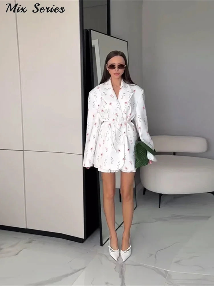 Elegant Flower Printed Coat Women's Lapel Single Button Long Sleeve Lace Up Blazer