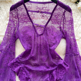 Sexy Deep V-Neck Lace Playsuit Long Flare Sleeve Hollow Out Open Crotch Bodysuit Romper