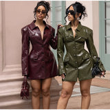 Women’s Fashion Leather Blazer Dress – Elegant Lapel Long Sleeve Suit Jacket, Single Breasted Mini Dress