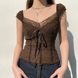Damen Braunes Spitzen-Croptop Y2K Schleifen-Quadratkragen Sommer Kurzarm-Top