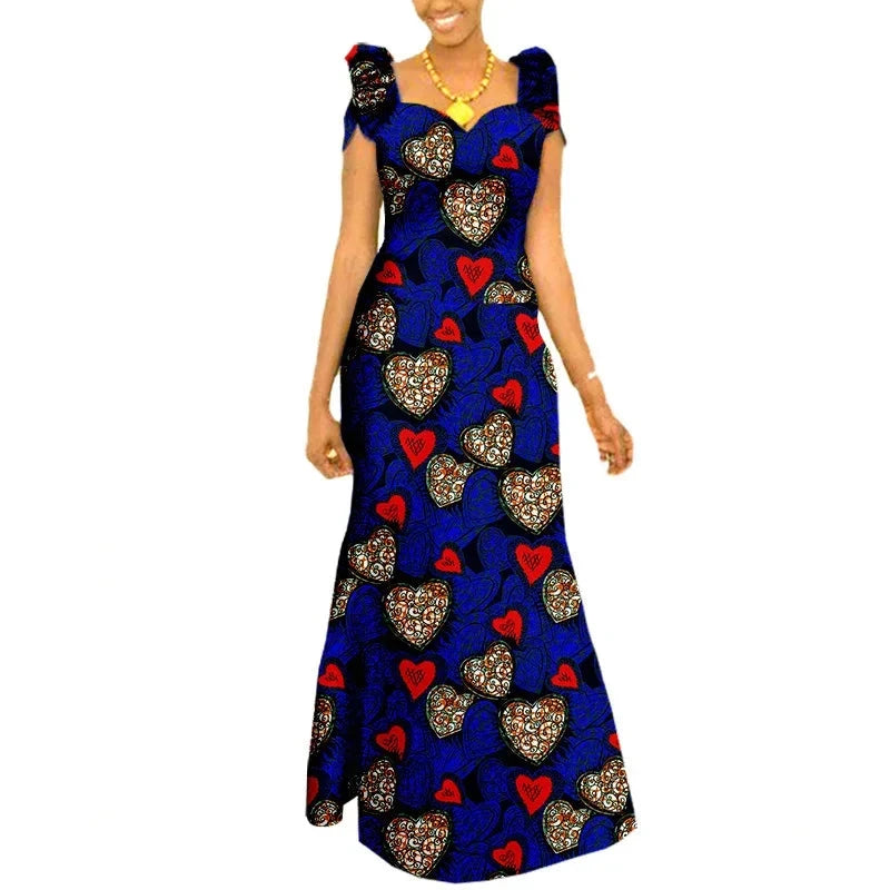 African Long Maxi Dress for Women |Short Sleeve Ankara Fabric Gown