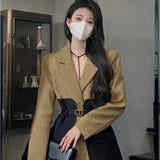 Women’s Korean Style Loose Blazer – Spliced Pocket Single-Breasted Jacket with Removable Belt