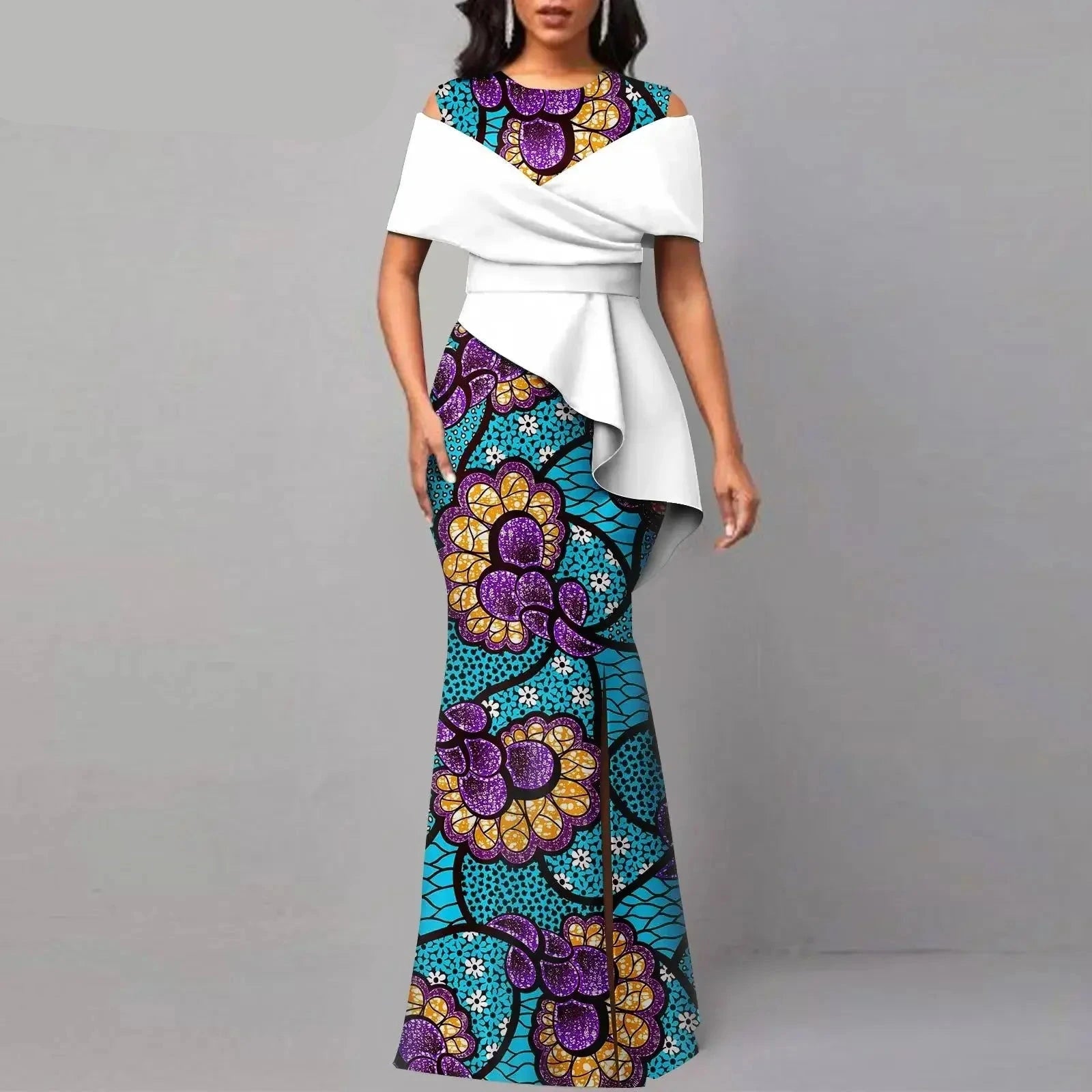 African High Waist Ankara Print Party Gown Women’s Off-the-Shoulder Maxi Dress
