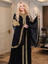 Luxuriöses 2-teiliges Partykleid aus Goldspitze mit Stickereien und Robe mit ausgestellten Ärmeln
