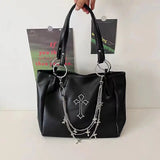 Women’s Large Gothic Black Tote Bag – Y2K Grunge Chain Shoulder Bag