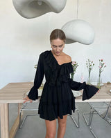 Women’s Elegant Black & White Ruffle Mini Dress – Long Sleeve Patchwork Bandage Dress
