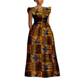 The "Heritage Queen" Floor-Length Gown: Bold Ankara Wax Cotton Dress with Short Sleeves