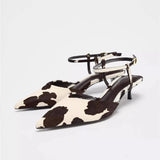 Women’s Genuine Leather Leopard Print Sandals – Luxury Horse Hair Mid-Heels