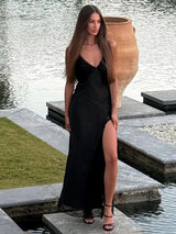Damen sexy Spitzenkleid lang – Ärmelloses, rückenfreies Abendkleid mit Schlitz