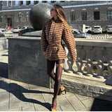 Karierte Damen-Reißverschlussjacke & High-Waist-Shorts mit Taschen Frühling Damen Office Anzug-Set