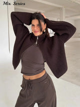 Damen lässiger Rollkragen-Rippstrickpullover – lockere langärmelige Strickjacke mit Reißverschluss