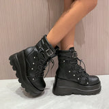 Women’s Gothic Belt Buckle Platform High Wedge Zip Punk Cosplay Ankle Boots