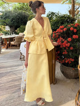 Women’s V-Neck Lace-Up Short Sleeve Crop Top & Slim High Waist Long Skirt Set