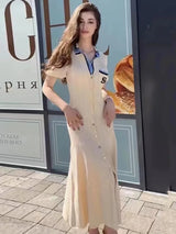 Women’s Elegant Slim Knitted Long Dress – Vintage Designer Single-Breasted Maxi