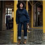 Damen 2-teiliger Denim-Anzug – Y2K Schnür-Reversjacke & Straight Leg Jeans Set